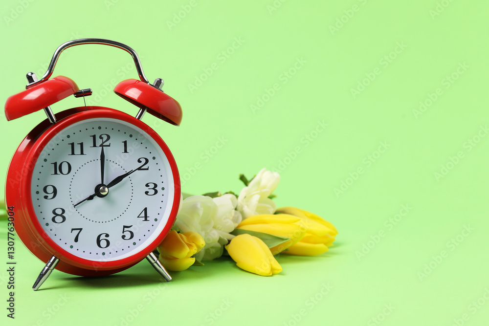 Poster spring time. alarm clock and beautiful flowers on green background, space for text
