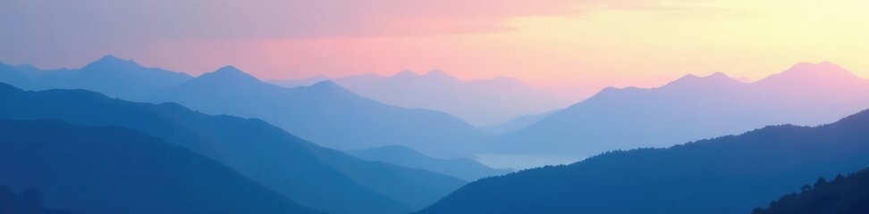 Gradient sky reflects off layered blue mountains with dew drops, gradient, soft, peaceful