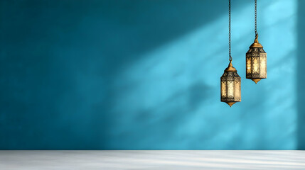 Two ornate lanterns hang in a sunlit blue room, casting shadows on a white floor. Ideal for Ramadan, Islamic celebrations, or home decor websites