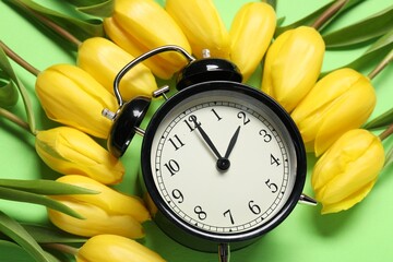 Spring time. Alarm clock and beautiful tulips on green background, above view