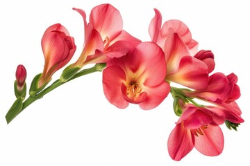 Naklejka premium A graceful branch of vibrant pink Freesia flowers, blossoms in full bloom, isolated on white.