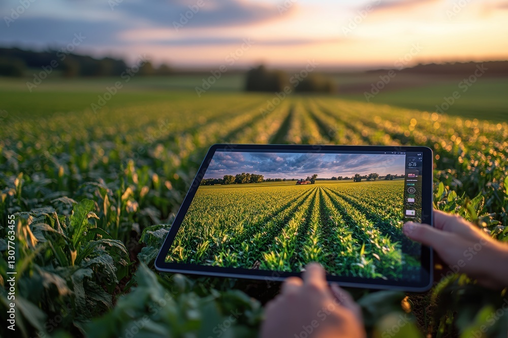 Aufkleber farmer using tablet to view crop data during sunset in a field