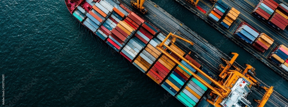 Poster a logistics terminal port is captured from a top-down aerial perspective in an ultra-wide photo, whe