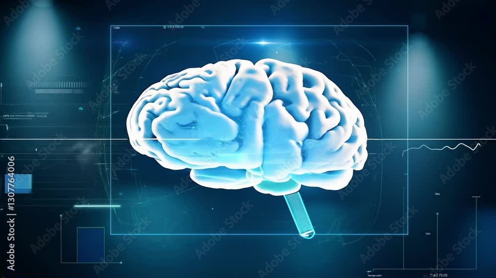 Poster glowing human brain surrounded by futuristic data visualizations and graphs in high-tech interface. 