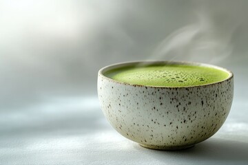 A steaming bowl of vibrant green matcha tea, ready to enjoy.