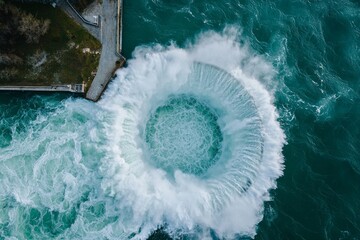 A hydroelectricity power station and dam at a reservoir with flowing water captured from the air by a drone