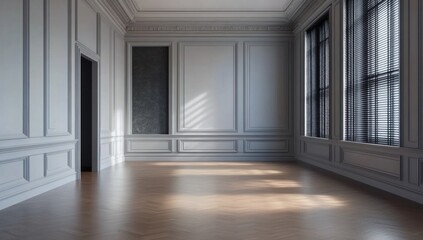Obraz premium Empty, elegant, light-filled, classic, spacious room with hardwood floors, large windows, and decorative paneling.