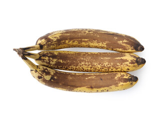 Ripe bananas with dark spots isolated on white, top view