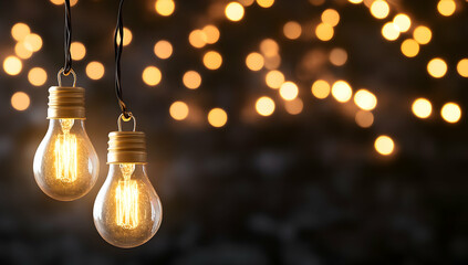 Two vintage Edison bulbs illuminate a dark background with warm bokeh lights; perfect for holiday, celebration, or inspiration themes