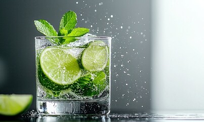 Muddler crushing fresh lime and mint in a glass, releasing vibrant juices and aromas with dynamic splashes