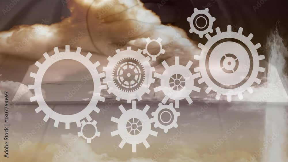 Poster Spinning gears and cogs against cloudy sky in animated background