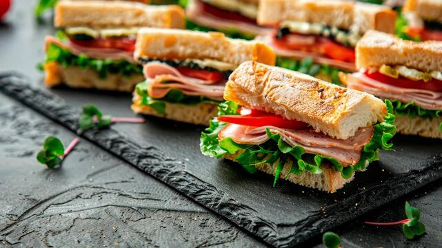 A set of mini sandwiches on a board in a restaurant.