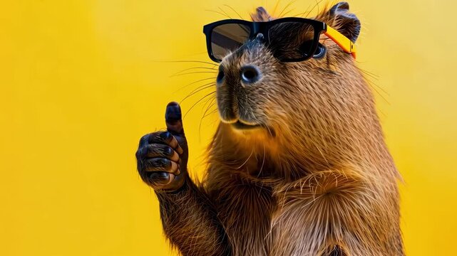 Portrait of a beautiful happy talking capybara in sunglasses, holding his thumb up as a sign of excellent work on an isolated yellow background, turns his head towards the camera and looks at you.