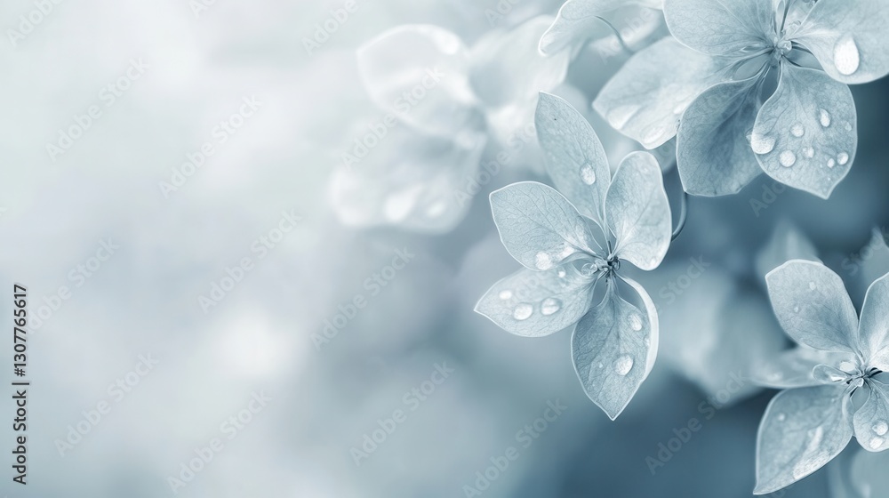 Poster Soft blue and gray abstract background expressing sadness with blurred flowers and rain droplets Generative AI
