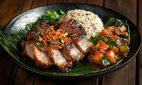 Savoring Babi Guling with tender meat, crisp skin, and spicy sambal on a dark brown plate in Bali&rsquo;s culinary landscape