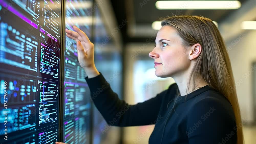 Poster female engineer optimizing data systems in a contemporary office setting.