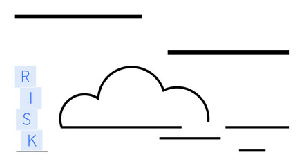 Central minimal cloud surrounded by horizontal lines with stacked RISK text blocks. Ideal for risk management, uncertainty, business strategy, leadership planning, decision-making, cloud computing