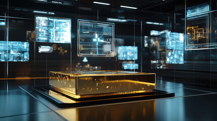 A Podium with a Reflective Gold Surface, Floating Transparent Screens Showing Interactive Digital Art in a Sleek, Advanced Tech Lab, Ideal for Premium Tech Products or Innovative Designs copy space
