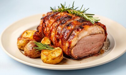 Cochinillo Asado served with roasted potatoes and vegetables against a soft blue backdrop
