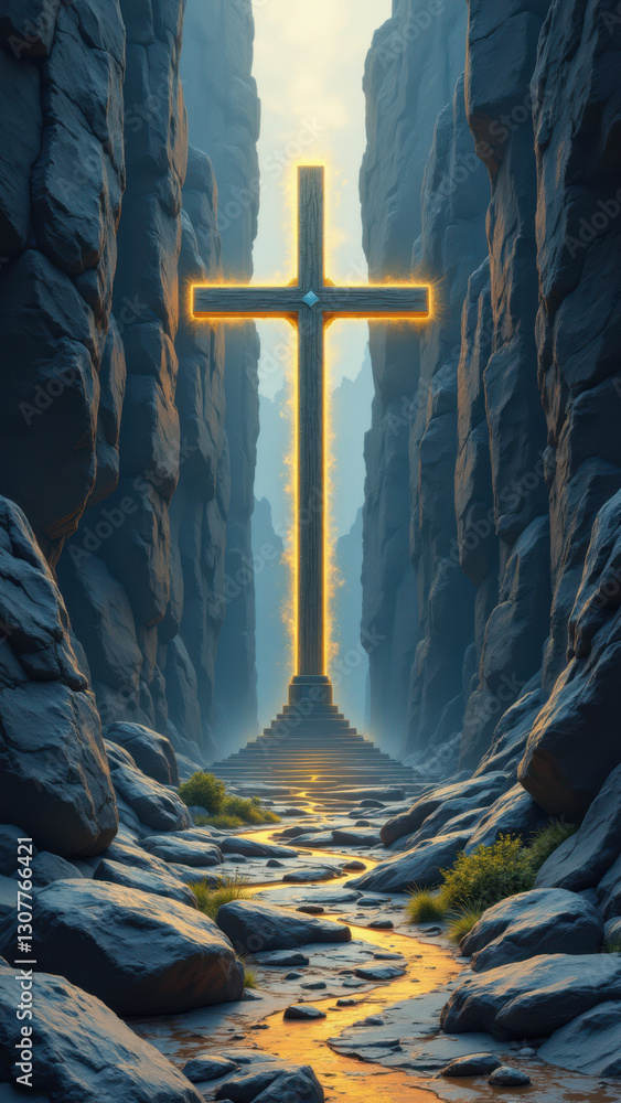 Poster a dramatic christian-themed digital artwork depicting a journey towards a cross on a cliff with rays