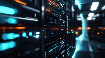 Naklejka premium Close-up of illuminated server racks in a data center, ideal for IT infrastructure, cloud computing, and cybersecurity