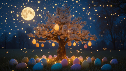 Colorful Easter eggs hanging on a whimsical tree under the moonlight during a festive spring celebration