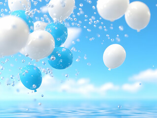 Fototapeta premium White and blue balloons float over a calm ocean under a bright sky; perfect for celebratory or summer themes
