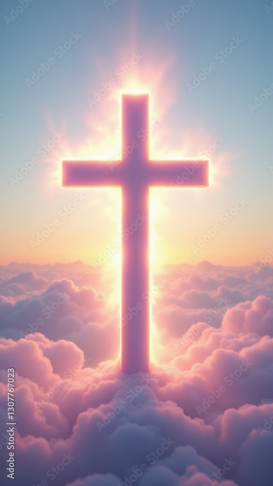 Poster christian symbol cross with rays of light on a cloudy sky background.