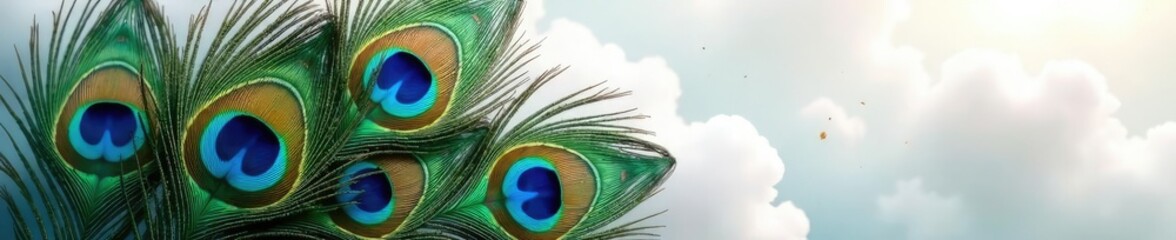 Obraz premium Peacock feathers blending into a soft white textured cloud with wispy tendrils, wispy, light