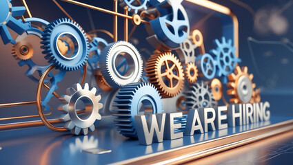 Job recruitment opportunity with gears and industrial design for growth and workforce expansion