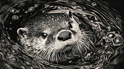 Curious Otter in Monochromatic Water: A Detailed Pencil Drawing