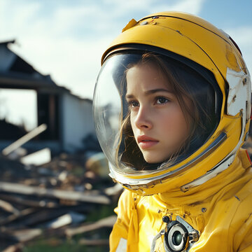 astronaut, kosmonaut, all, weltraum, frau, helm, junge, chapeau, kind, arbeiter, leute, gesicht, anlagen, person, geborgenheit, 1, kind, l&auml;cheln, l&auml;chelnd, gelb, sch&ouml;nheit, kindheit, haar, kopf, branc