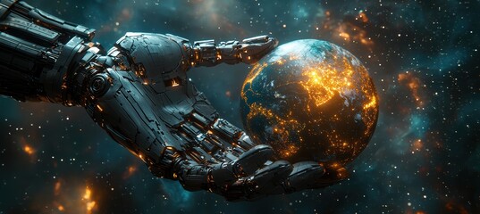 Naklejka premium Robotic hand support ais vision for humanitys cosmic future