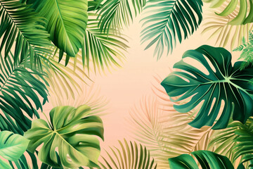 Obraz premium A lively pattern of tropical leaves , with palm fronds, ferns, and philodendron, set against a soft pastel background, creating a vibrant and elegant design
