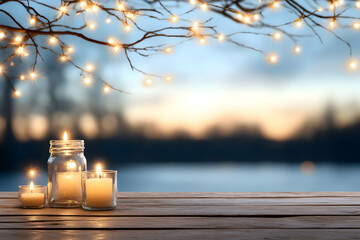 Winter evening candlelight scene on wooden table, overlooking tranquil lake at sunset. Ideal for holiday greeting cards or seasonal promotions