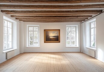 Obraz premium Empty gallery room with a landscape painting on the wall, featuring large windows, wooden beams, and light-filled space.