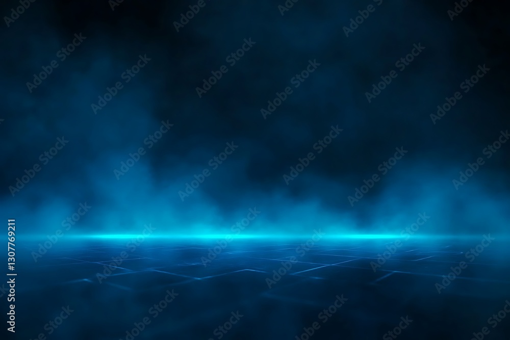 Poster abstract blue illuminated stage with geometric pattern and fog effect
