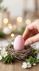 Obraz premium Hand placing pink easter egg in nest with spring flowers and soft lighting