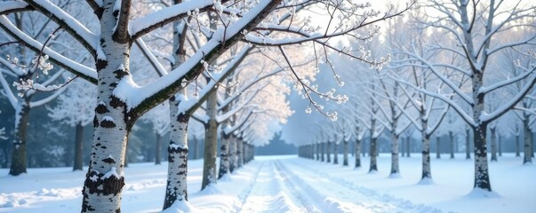 Snow-covered silver birch tree with bare branches, nature, cold climate