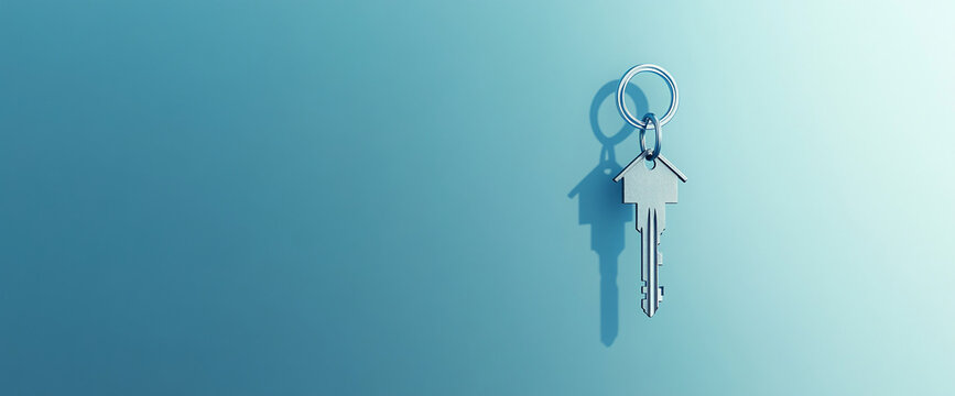 Silver house key with keyring on a light-blue background, showcasing a concept of homeownership or real estate, ideal for property websites or advertisements, free space for text
