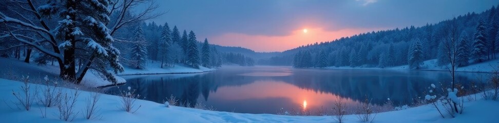 Fototapeta premium Snow-covered trees and bushes surround a tranquil lake in a winter landscape illuminated by the soft glow of the crescent moon, peaceful atmosphere, quiet woods, icy calm