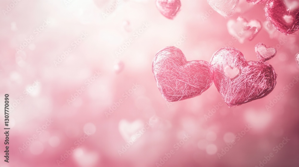 Poster soft pink hues create an abstract background filled with floating hearts and delicate textures repre