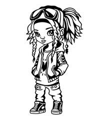 Fototapeta premium Cool urban girl in stylish outfit. Black and white vector illustration, perfect for prints and designs.