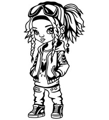 Cool urban girl in stylish outfit. Black and white vector illustration, perfect for prints and designs.