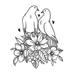 Elegant black and white vector illustration of two lovebirds sitting on blooming flowers. A romantic and delicate design, perfect for wedding invitations, tattoos, coloring pages, and decorative art.