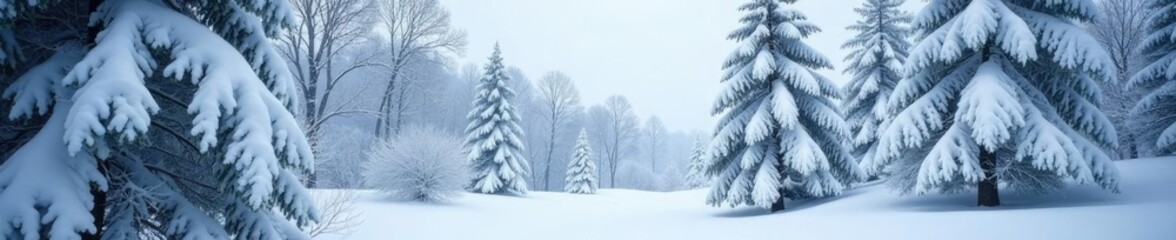 Fototapeta premium Snow-covered trees with branches heavy with weight, cold climate, frozen landscape, frosty branches