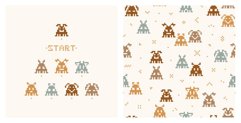 Kids Poster and Seamless Pattern of Retro Pixel Video Game Abstract Aliens Characters. Funny Space Monsters in Pixel Art Style. Old School Arcade Game Computer Graphic Design