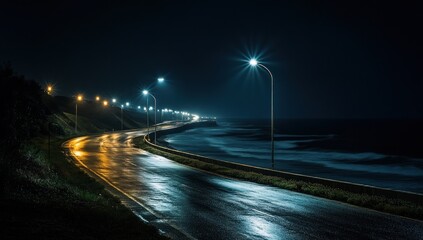 Obraz premium Empty highway curving along a dark ocean coastline at night, illuminated by streetlights.