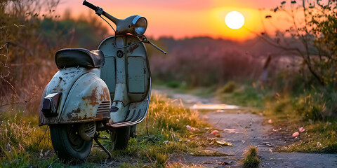 Vintage Scooter on a Grassy Path at Sunset with Warm Glow
