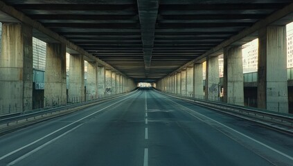 Empty highway under an elevated highway structure. Urban concrete passageway. City roadway, dark, long, straight, perspective, asphalt, tunnel, infrastructure, road, highway, transportation, urban.